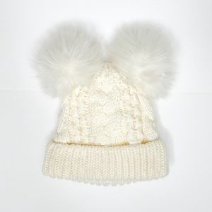 Baby Gap Cable Knit Double Pom Pom Faux Fur Beanie Ivory Cream Frost Infant